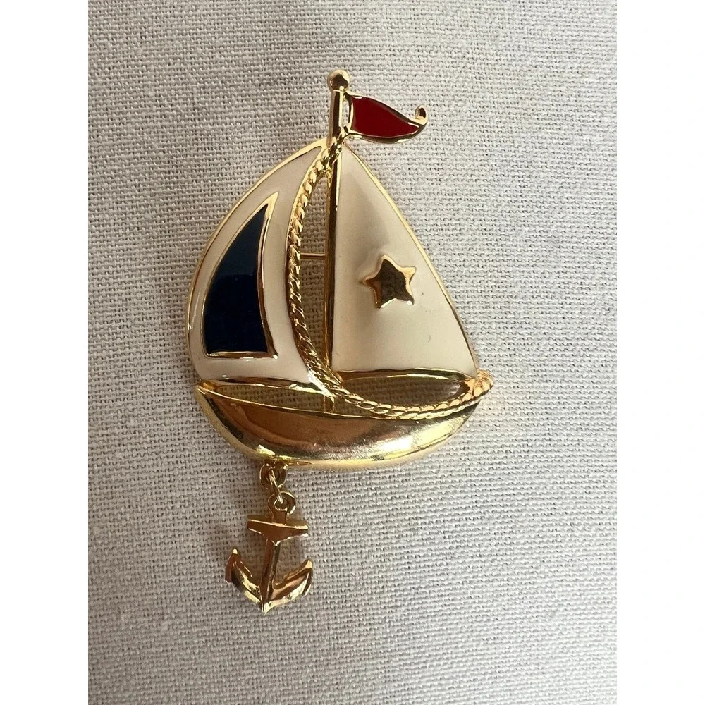 Avon Sailboat Brooch Nautical Enamel Anchor Charm Coastal Grandma Vintage Resort